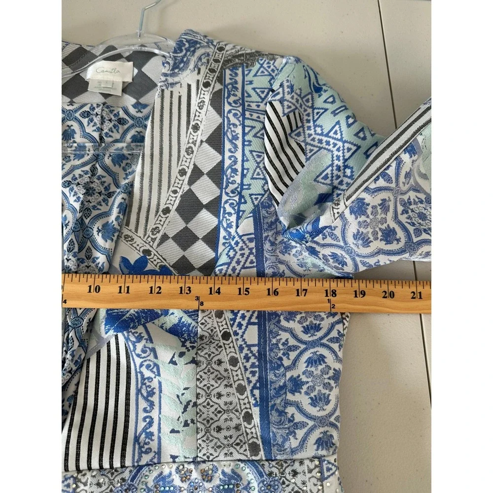 Camilla Peplum Blazer Size L Blue White Mosaic Print Crystal Embellished Art